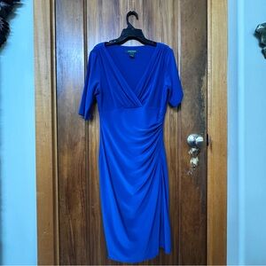Lauren Ralph Lauren Royal Blue Faux Wrap Ruched, Short Sleeves Midi Dress (4)